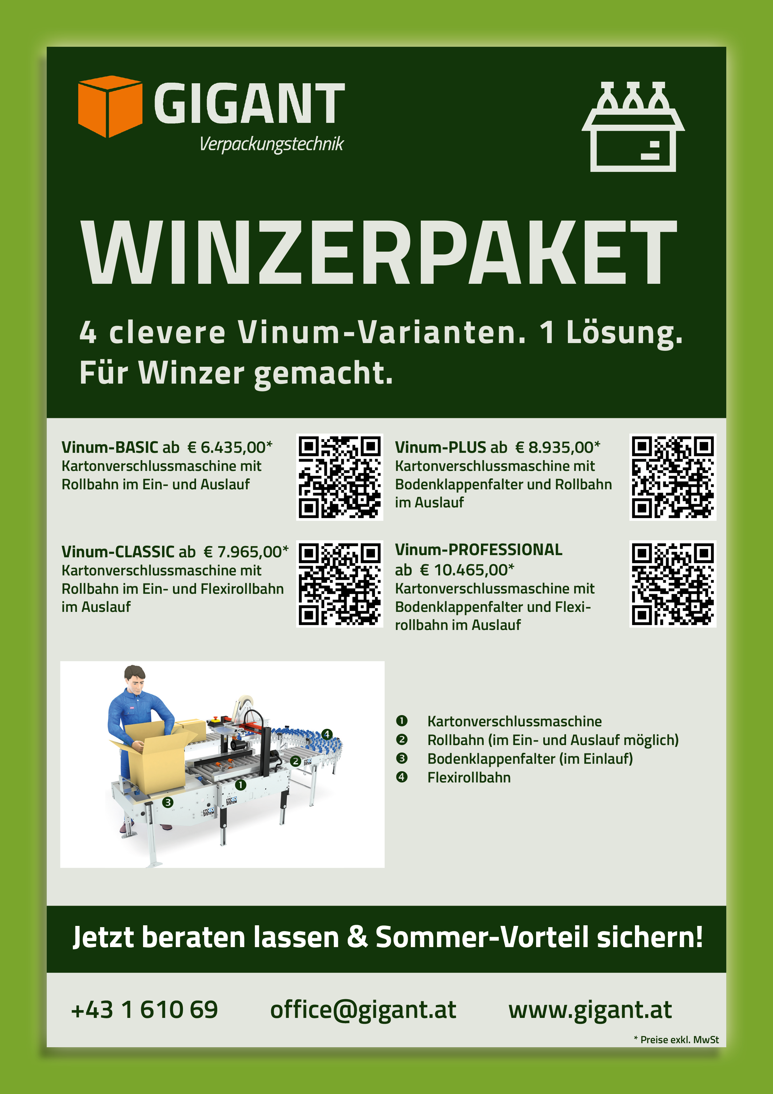 Promotion Winzerpaket bestehend aus Kartonverschliesser, Bodenklappenfalter und Rollenbahn